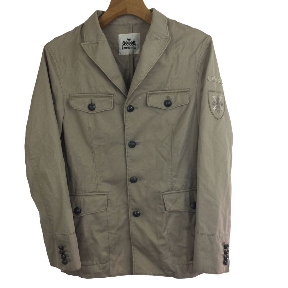 Express Mens Long Sleeve Button Up Pockets Collared Khaki Jacket Size Small